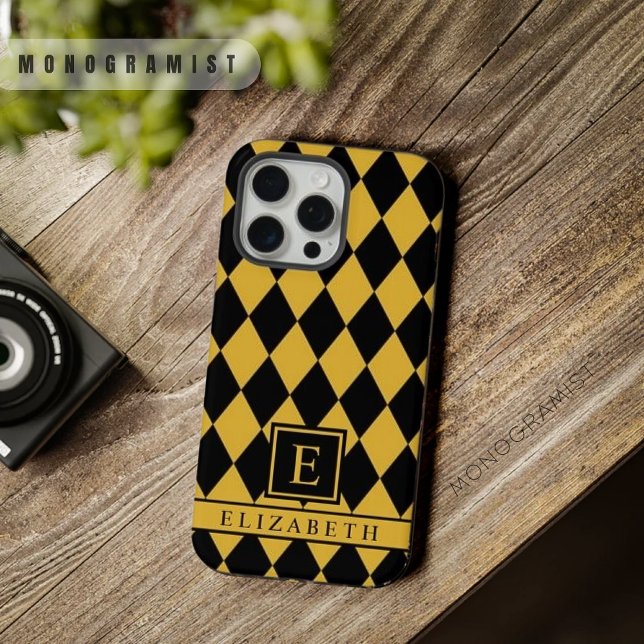 Anpassbares Hellgelb-Schwarzes Argyle-Muster iPhone Hülle (Customizable Light Yellow Black Argyle Pattern iPhone Case)
