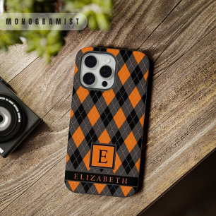 Anpassbares Schwarz Grau Orange Argyle-Muster iPhone 15 Pro Max Hülle