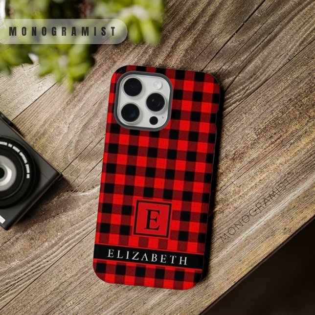 Anpassbares Schwarz Hellrot Karomuster iPhone Hülle (Customizable Black Bright Red Checkered Pattern iPhone Case)