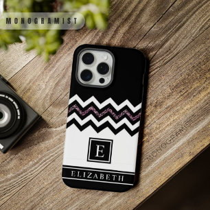 Anpassbares Schwarz Weiß Lila Glitter Chevron iPhone 15 Pro Max Hülle