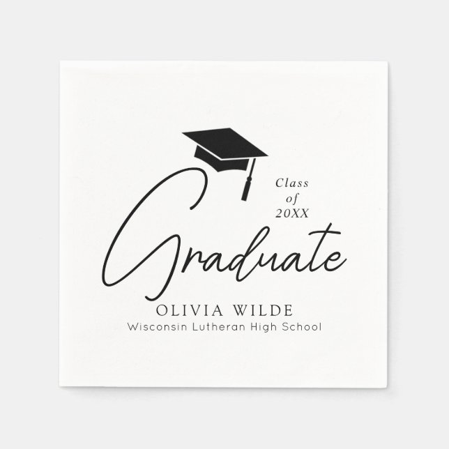 Anpassbares Skriptschwarz-weißes Abschluss-Papier Serviette (Vorderseite)