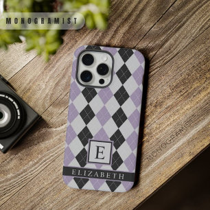 Anpassbares Soft Lavendel Lila Schwarzes Argyle iPhone 15 Pro Max Hülle