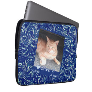 Anpassen des Frame Foto Katze auf dunkelblauer Tex Laptopschutzhülle