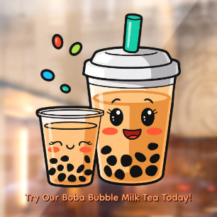 Anpassen Happy Bubble Tea Boba Cartoon 2 Fensteraufkleber