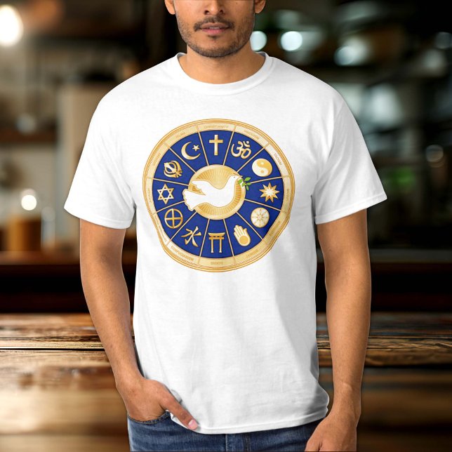 Anpassen Ihres Taube T-Shirts (Dove of Peace T Shirt.
Customize the text. Gold icons of world faiths surround the Dove of Peace. )