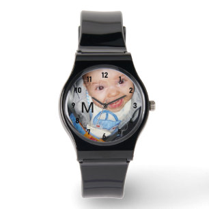 Anpassen Sie Ihre Foto-Monogramm-schwarze Zahlen Armbanduhr