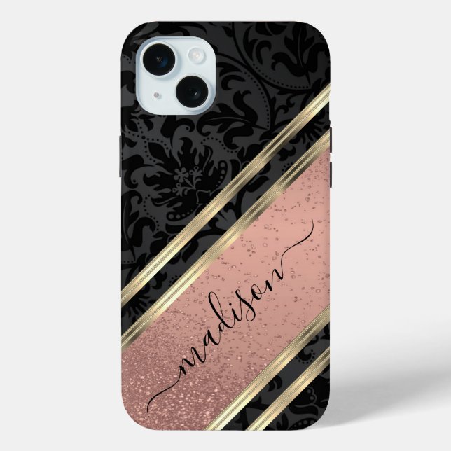 Anpassen von Rose Gold Glitzer und SchwarzDamaskus Case-Mate iPhone Hülle (Rückseite)