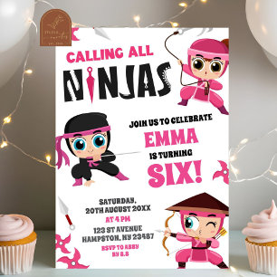 Anrufend All Pink Ninjas Girl Geburtstag Einladung