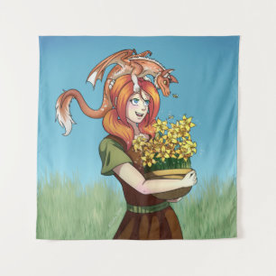 Ansammlung von Blume mit einem Drachen Wandteppich