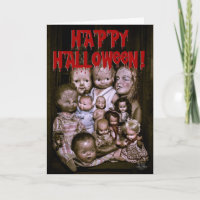 Ansammlung von gruseligen Halloweenpuppen. Karte