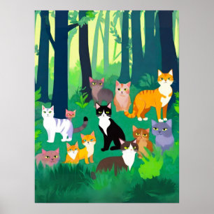 Ansammlung von Katzen in einem schattigen Waldlade Poster