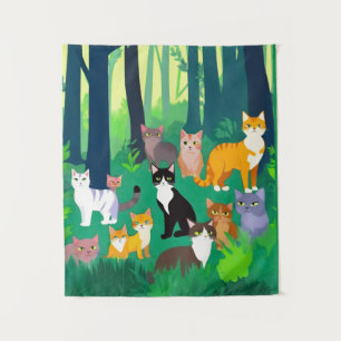Ansammlung von Katzen in einem schattigen Waldlade Wandteppich
