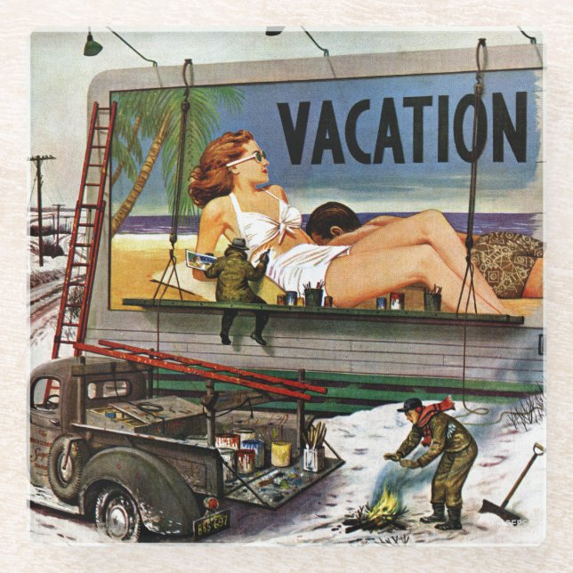 Anschlagtafel-Maler im Winter durch Stevan Dohanos Glasuntersetzer (Vorderseite)