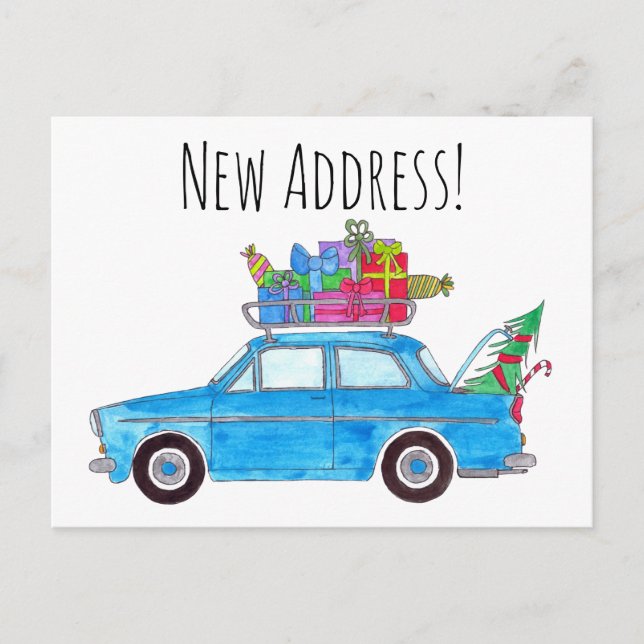 Anschrift Ankündigung Blue Car mit Weihnachtsgesch Postkarte (Vorderseite)