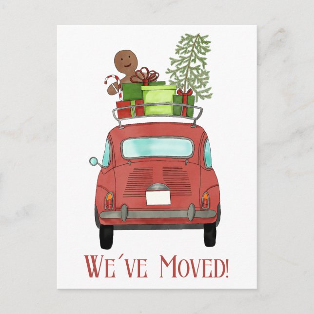 Anschrift Ankündigung Rotes Auto mit Geschenken Postkarte (Vorderseite)