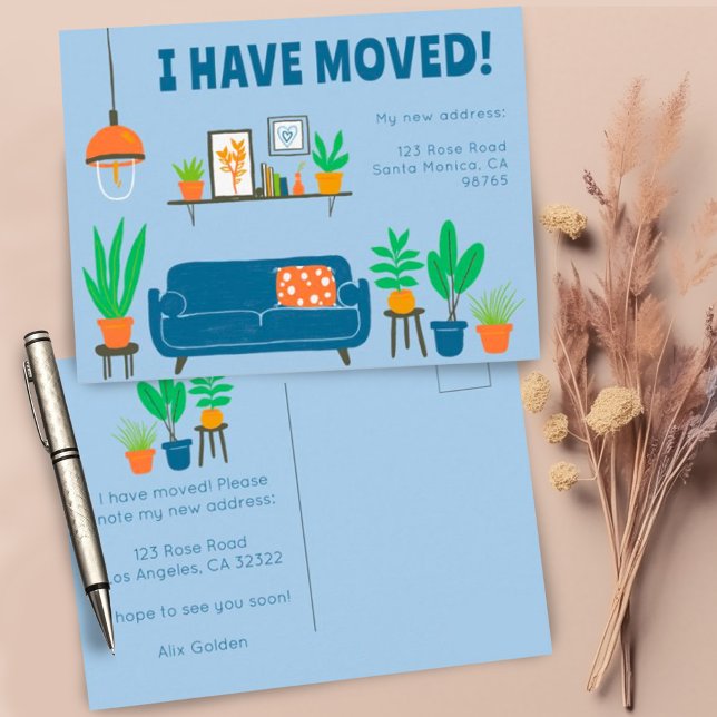 Anschrift Niedliches Wohnzimmersofa Postkarte (Sweet custom moving announcement postcards with living room illustration)