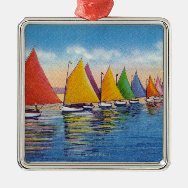 Ansicht der Regenbogen-Segelboot-Flotte Silbernes Ornament (Vorne)