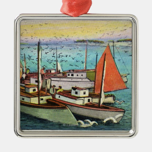 Ansicht der Seemöven und -schiffe am Kai Ornament Aus Metall (Vorne)