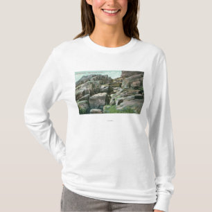 Ansicht der steigenden riesigen Felsen-Schritte in T-Shirt