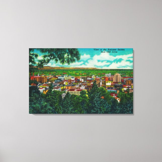 Ansicht des Geschäftsbereichs vom Cliff Drive Leinwanddruck (Vorderseite)