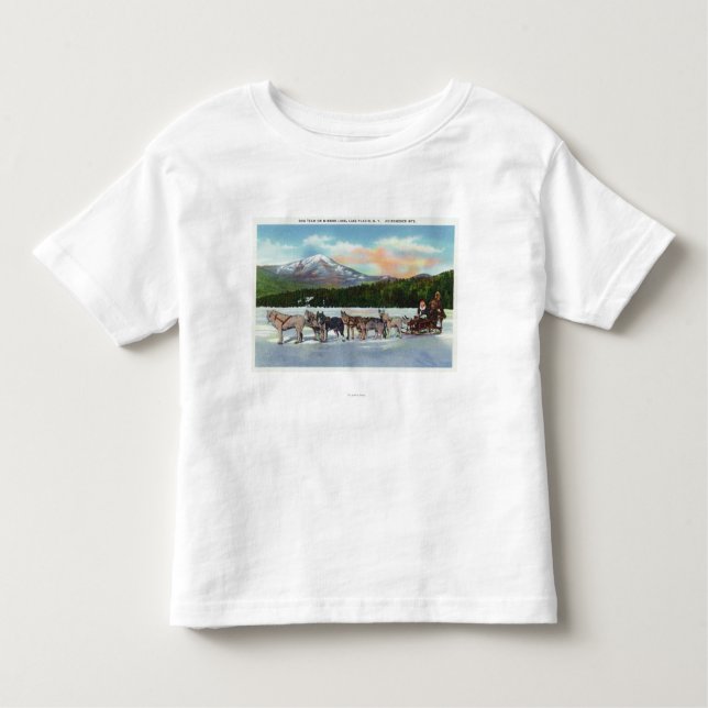 Ansicht eines Dogsled Teams auf Mirror See Kleinkind T-shirt (Vorderseite)