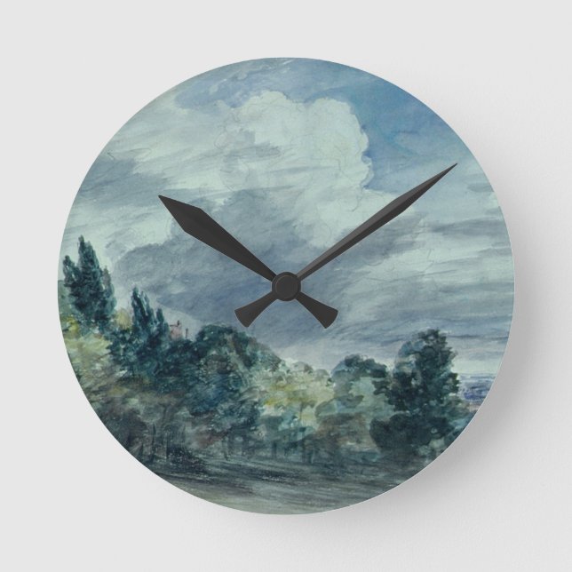 Ansicht über eine breite Landschaft, mit Bäumen im Runde Wanduhr (Vorderseite)