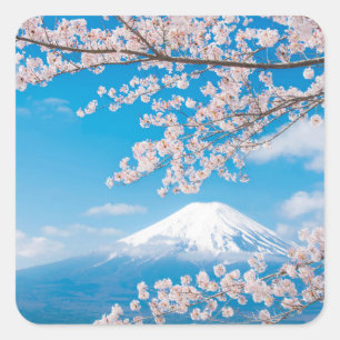 Ansicht vom Fujisan mit Kirschblüten Quadratischer Aufkleber