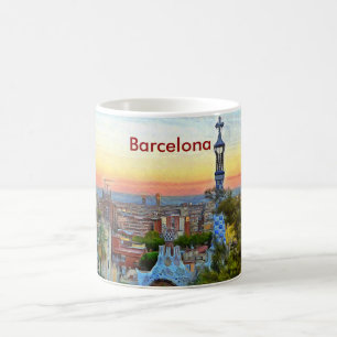 Ansicht von Barcelona am Sonnenuntergang vom Park Tasse