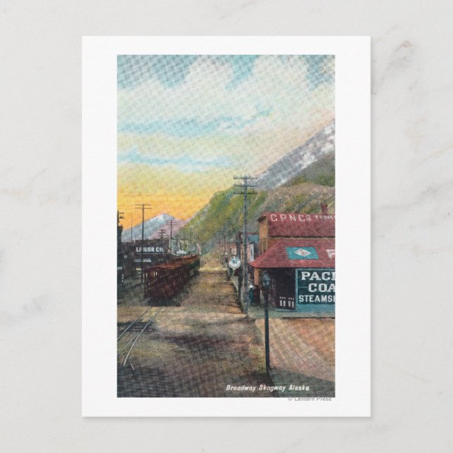 Ansicht von Broadway & Railroad CarsSkagway, AK Postkarte (Vorderseite)