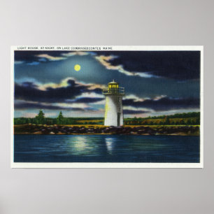 Ansicht von See Cobbosseecontee Leuchtturm nachts Poster
