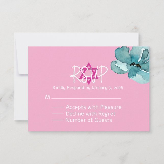Ansprechkarte für rosa und weiße Flora Mitzvah RSVP Karte (Vorderseite)