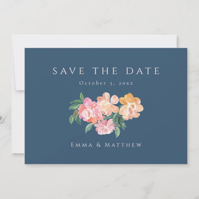 Anspruchsvolle Aquarellfarben-Blume Blue Back QR Save The Date (Vorderseite)