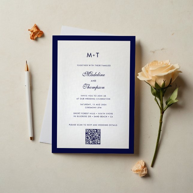 Anspruchsvolle Hochzeit des modernen Navy Blue QR  Einladung (Von Creator hochgeladen)