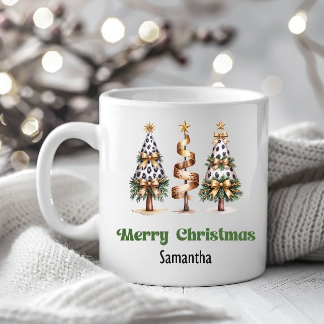 Anspruchsvolle Leopard-Weihnachtsbäume mit individ Kaffeetasse (Sophisticated Leopard Christmas Trees Custom Name Mug)