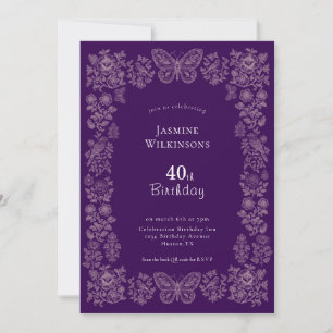 Anspruchsvolle Lila Blütenvögel 40. Geburtstag QR Einladung