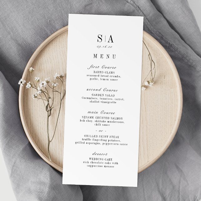 Anspruchsvolle, minimalistische Mongramm-Hochzeit Menükarte (Sophisticated monogram minimalist wedding menu)
