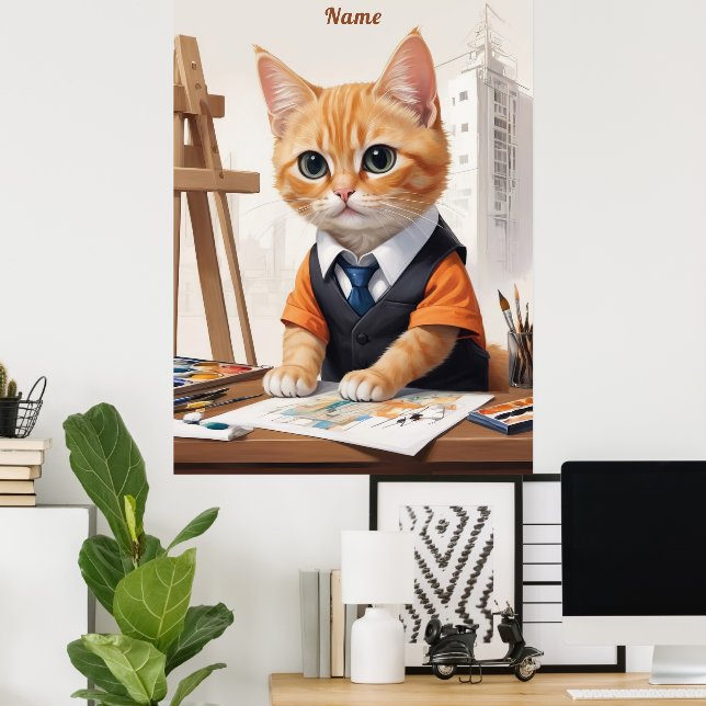 Anspruchsvoller Architekt Cat Ginger Kitten Art Poster (Heimbüro)