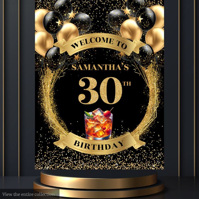 Anspruchsvolles Black Gold Banner zum 30. Geburtst Wandteppich (Sophisticated 30th Birthday Black Gold Banner)