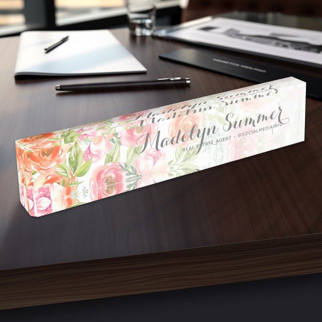 Anstrichene Aquarellfarben-Blume Kalligraphiename Namensplakette (Personalized Name Plate for the Office, School or Home)