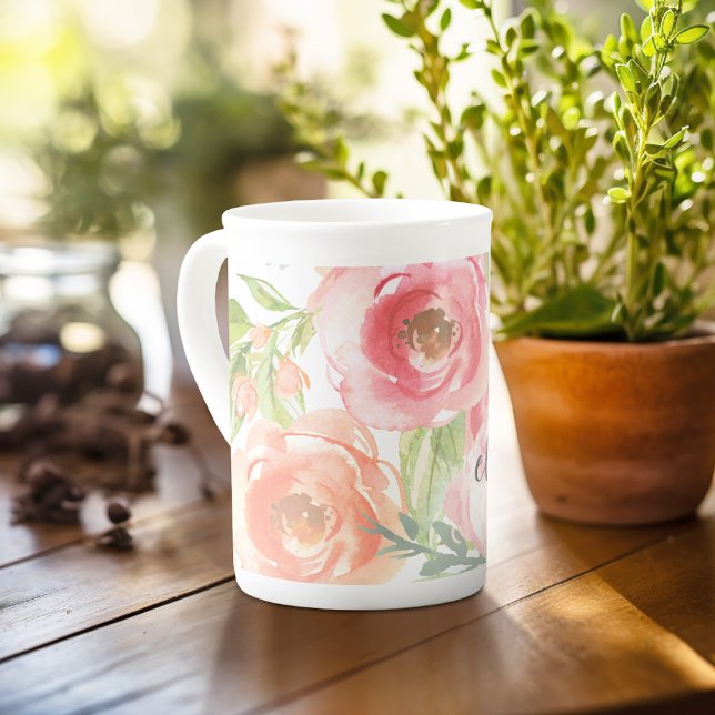 Anstrichene Aquarellfarben-Blume Kalligraphiename Prozellantasse (Personalized mug with photos and text, customize completely in the advanced design area)