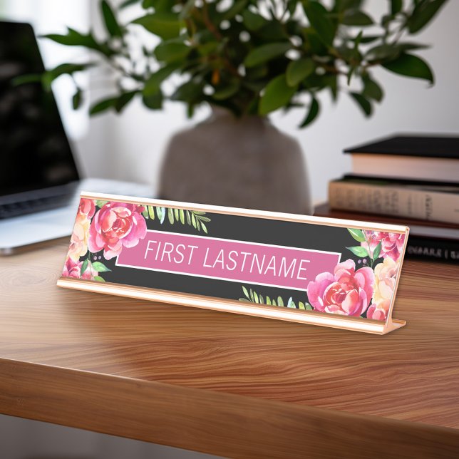 Anstrichene Aquarellfarben-Blume Kalligraphiename Schreibtischnamensplakette (Personalized Desk Sign with Name and Title - Custom Executive Name Plate)