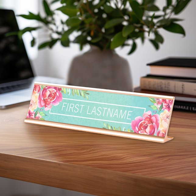 Anstrichene Aquarellfarben-Blume Kalligraphiename Schreibtischnamensplakette (Personalized Desk Sign with Name - Custom Executive Name Plate)