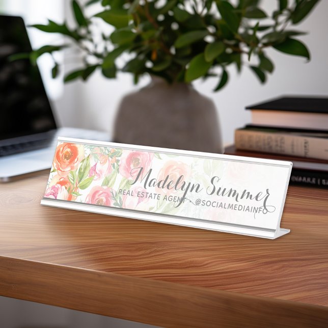 Anstrichene Aquarellfarben-Blume Kalligraphiename Schreibtischnamensplakette (Personalized Desk Sign with Name and Title - Custom Executive Name Plate)