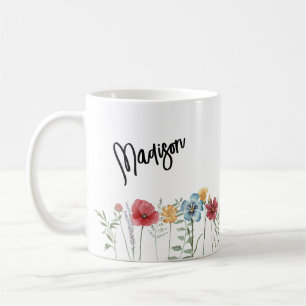 Anstrichene Aquarellfarben-Wildblumen mit Ihrem Na Kaffeetasse