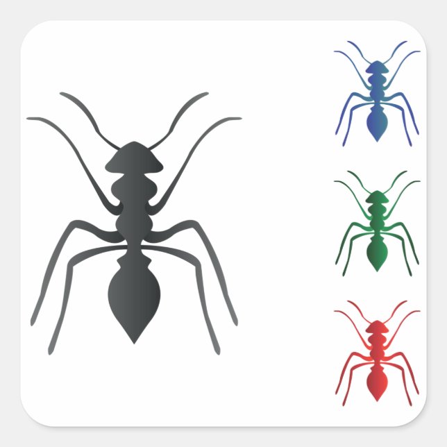 Ant Silhouetten Insekten Schwarz Blau Grün und Rot Quadratischer Aufkleber (Vorderseite)