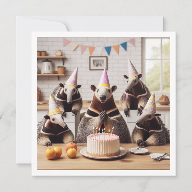Anteaters feiern Geburtstag mit Kuchen und Hut Einladung (Vorderseite)