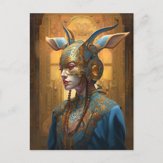 Antelope Mask Headdress Fantasy Blue Gold Postkarte (Vorderseite)