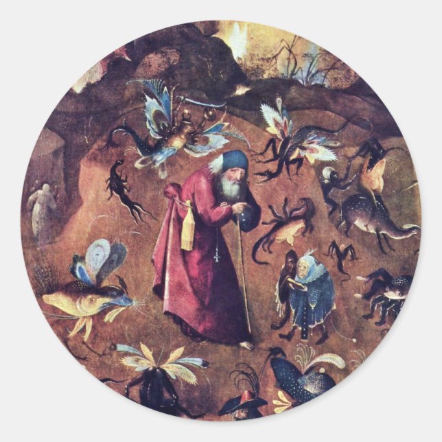 Anthony mit Monstern. Von Hieronymus Bosch Runder Aufkleber (Vorderseite)