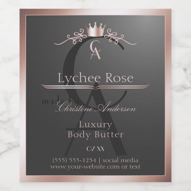 Anthracite Product Label Rose Gold Frame Monogram Weinetikett (Einzelnes Label)