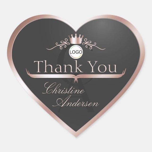 Anthracite Rose Gold Frame Logo Monogram Thank You Herz-Aufkleber (Vorderseite)